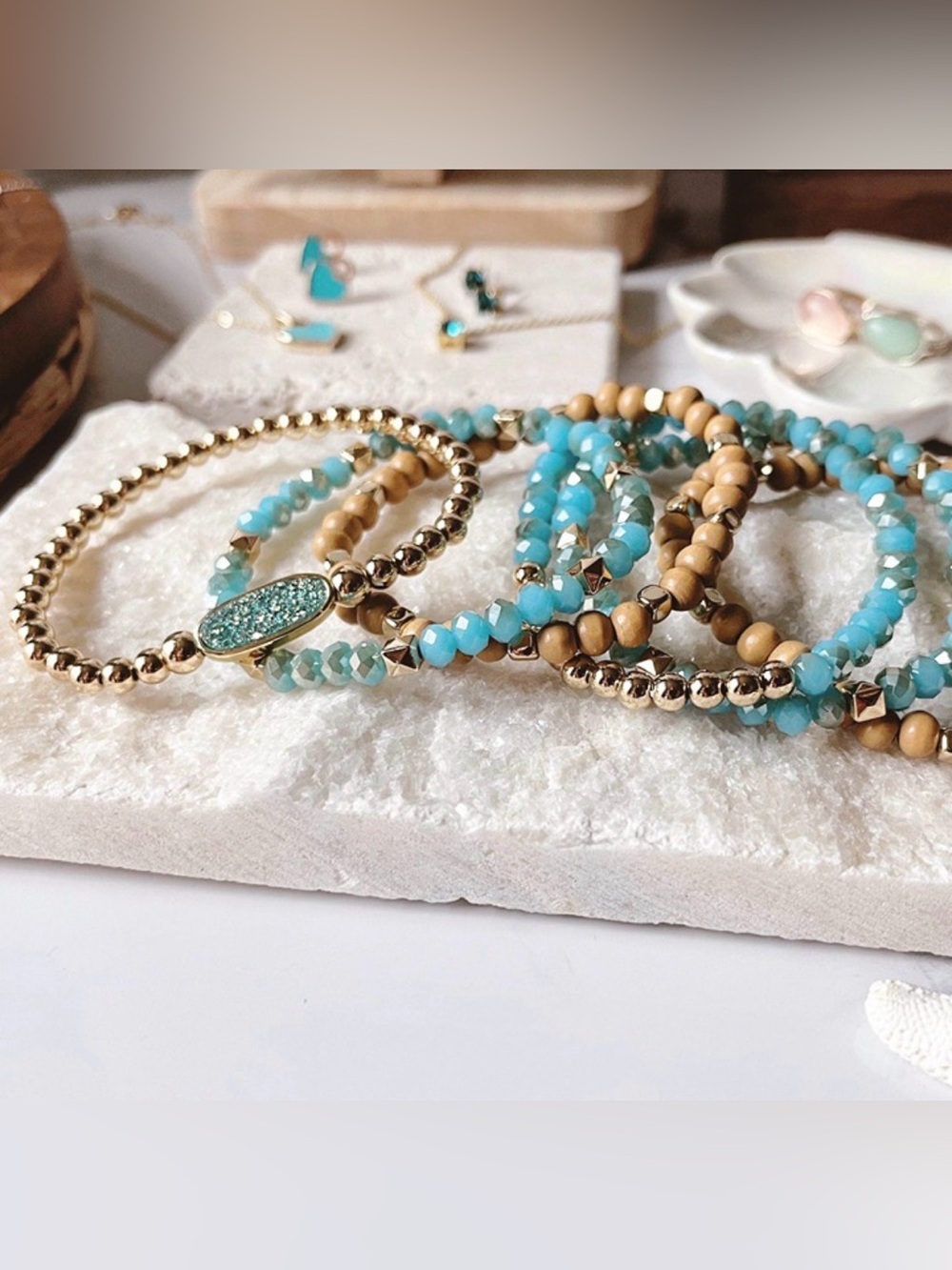 Park Lane TRANQUILITY Turquoise and Gold Beaded Stretch Bracelet Set